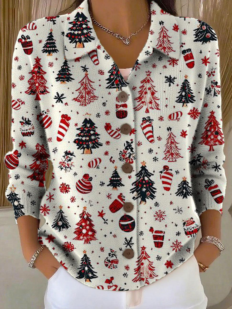 Women's Christmas Tree Art Print Casual Lapel Sweater