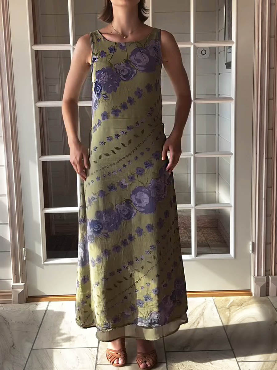 Women's Round Neck Sleeveless Vest Vintage Print Casual Cotton and Linen Long Dress