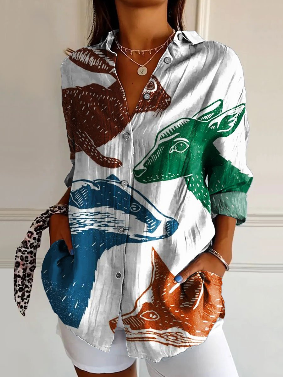 Women's Vintage Animal Art Print Casual Cotton Shirt