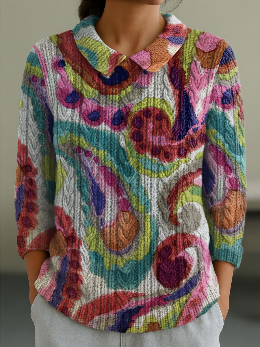 womens-irregular-curve-dots-pattern-casual-peter-pan-collar-3-4-sleeve-sweater