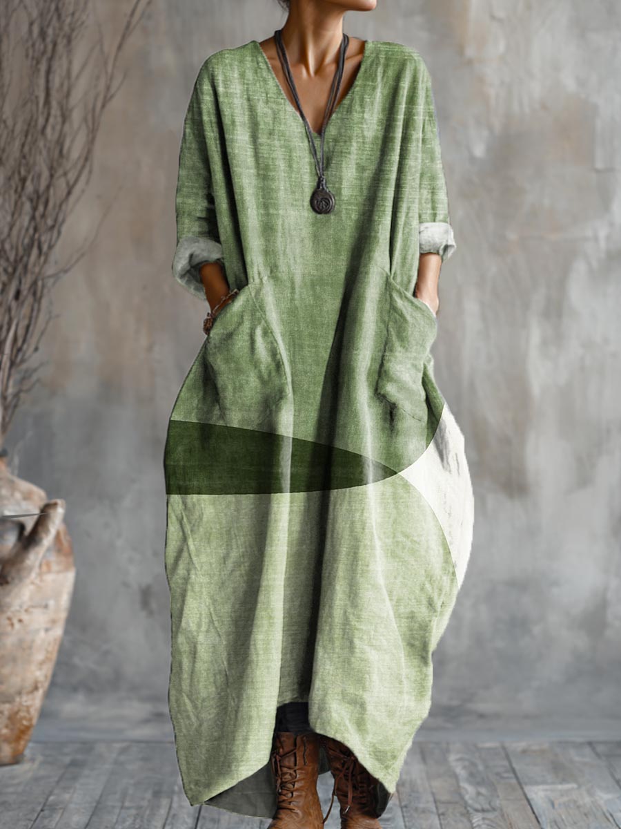 Women's Abstract Geometric Pattern Art Print Pocket V-neck Cotton Dress