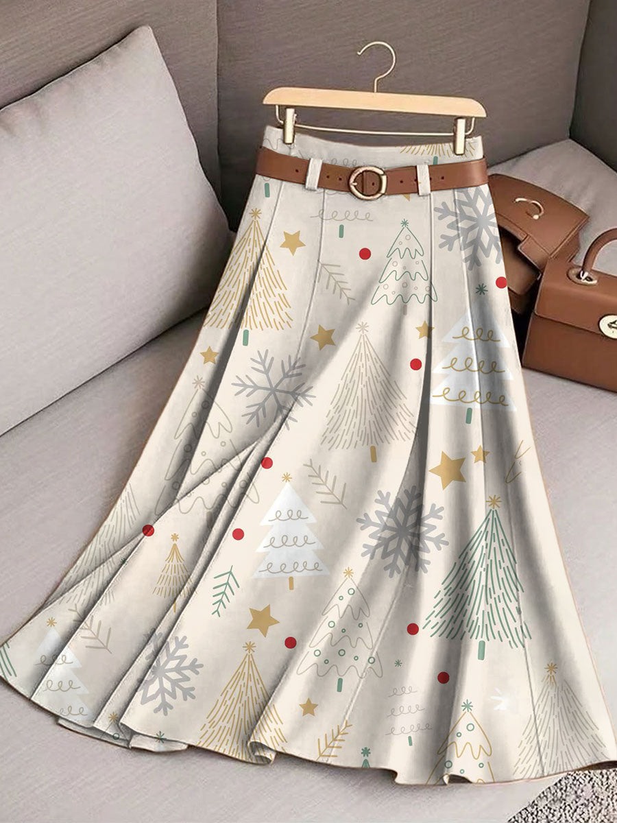 Women's Vintage Christmas Art Print Cotton Skirt