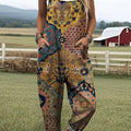 Women's  Vintage Floral Art Print Casual 100% Cotton Wide Leg Jumpsuit