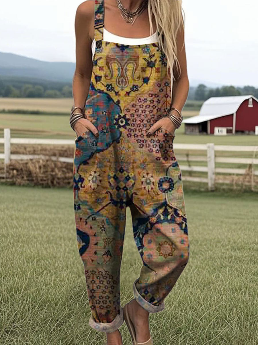 Women's  Vintage Floral Art Print Casual 100% Cotton Wide Leg Jumpsuit