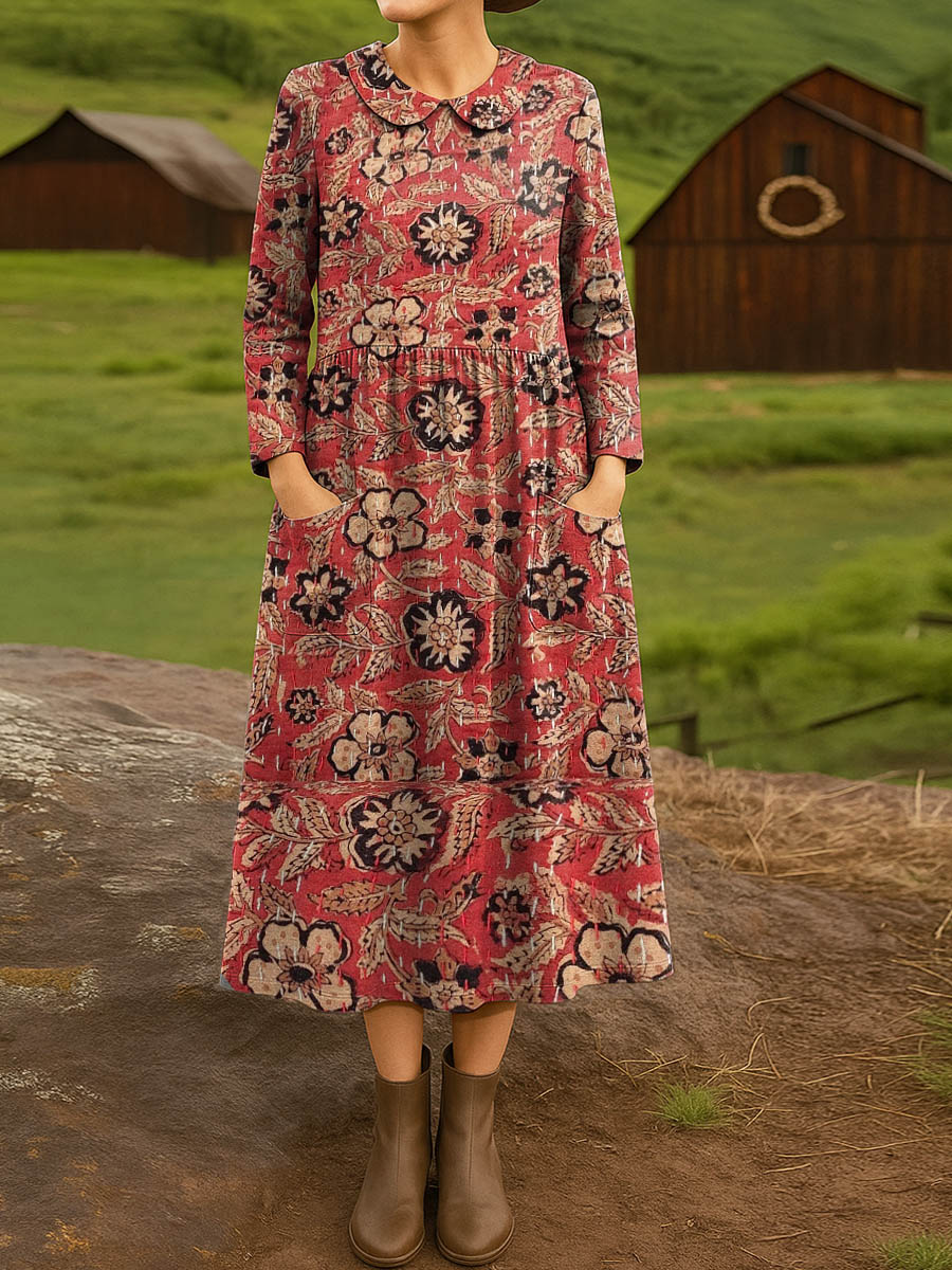 Women's Vintage Floral Art Print Cotton Lapel Shirt Dress