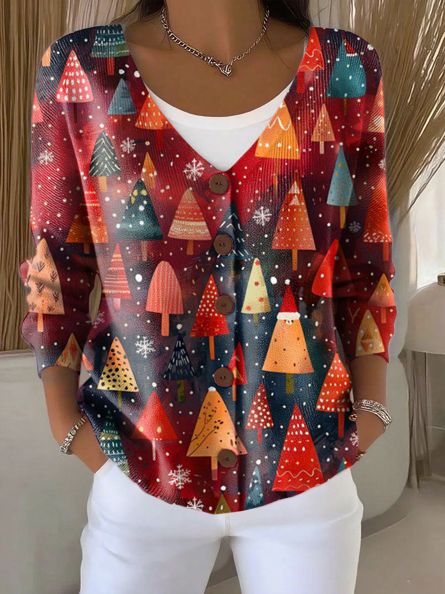 Christmas Christmas Tree Pattern Art Print Buttoned V-neck Cardigan Sweater