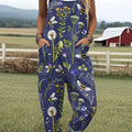 Women's Vintage  Flowers Bees  Art Print Casual 100% Cotton Wide Leg Jumpsuit
