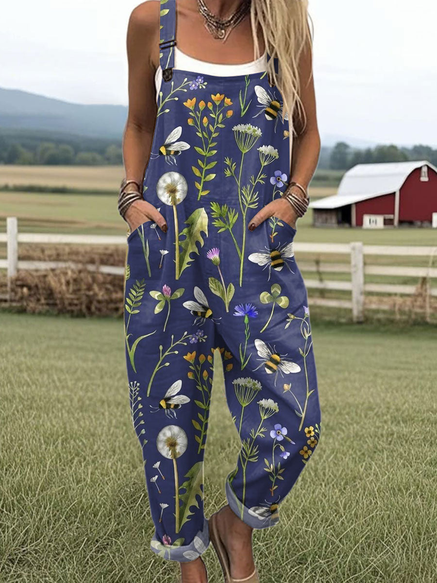 Women's Vintage  Flowers Bees  Art Print Casual 100% Cotton Wide Leg Jumpsuit