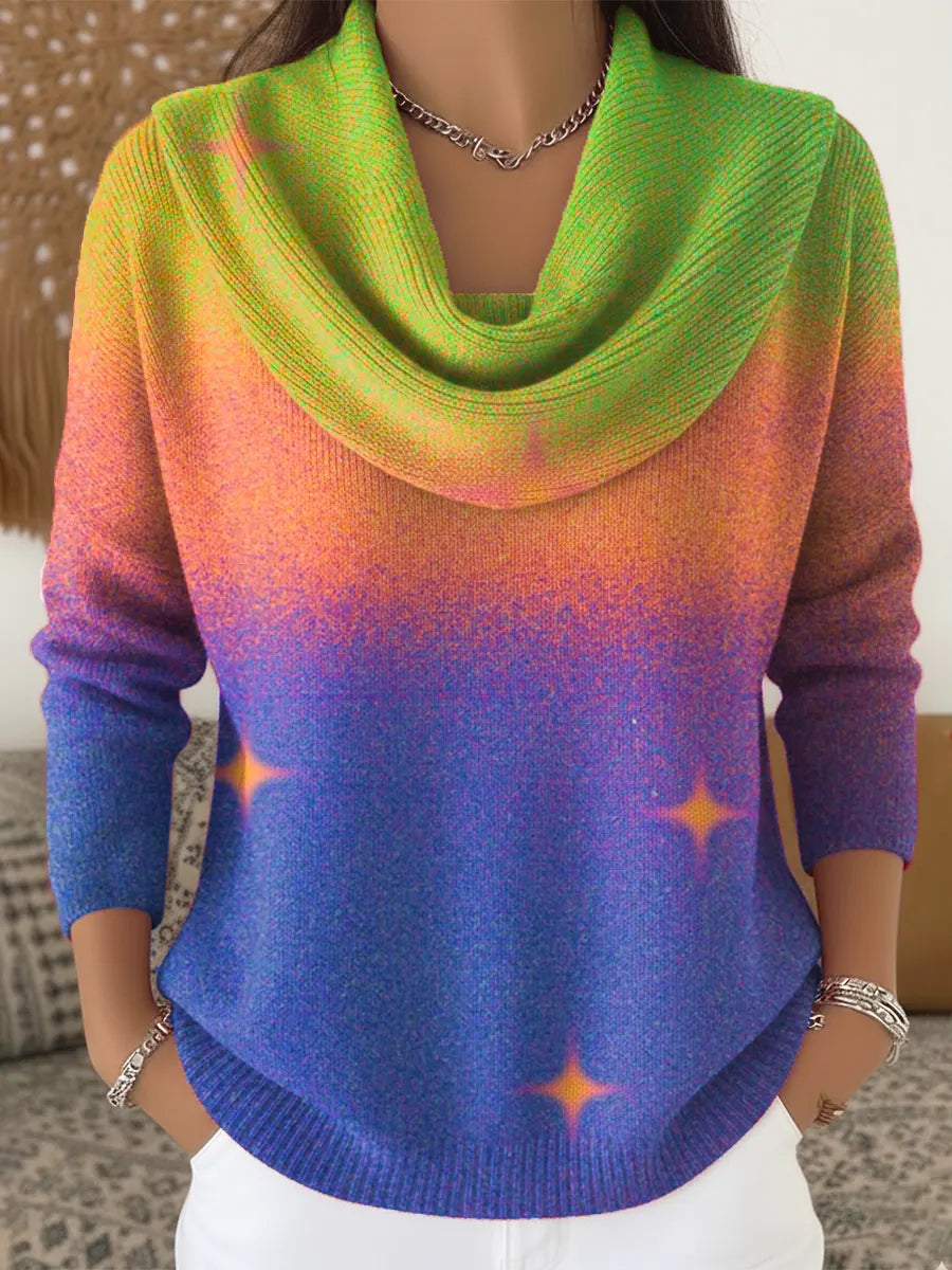 Women's Gradient Color Art Print Cowl Neck Sweater