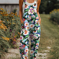 Women's  Vintage Flower Art Print Casual 100% Cotton Wide Leg Jumpsuit