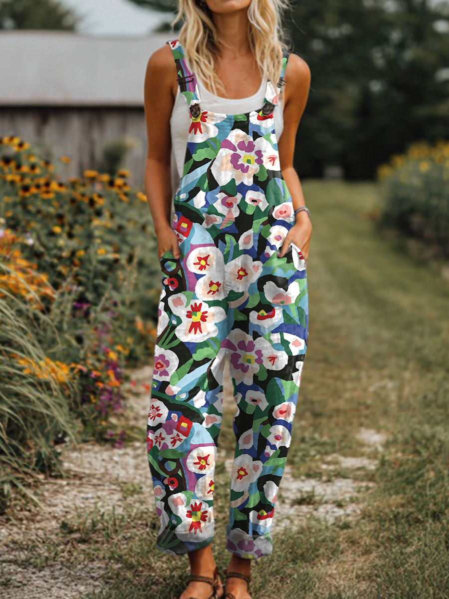 Women's  Vintage Flower Art Print Casual 100% Cotton Wide Leg Jumpsuit