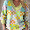Beautiful Colorful Plaid Painting Art Print Knit V-neck Pullover Sweater