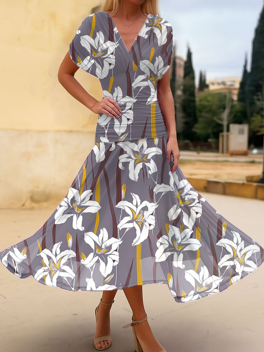 Women's Vintage Flower Art Print  Flowy Casual Dress