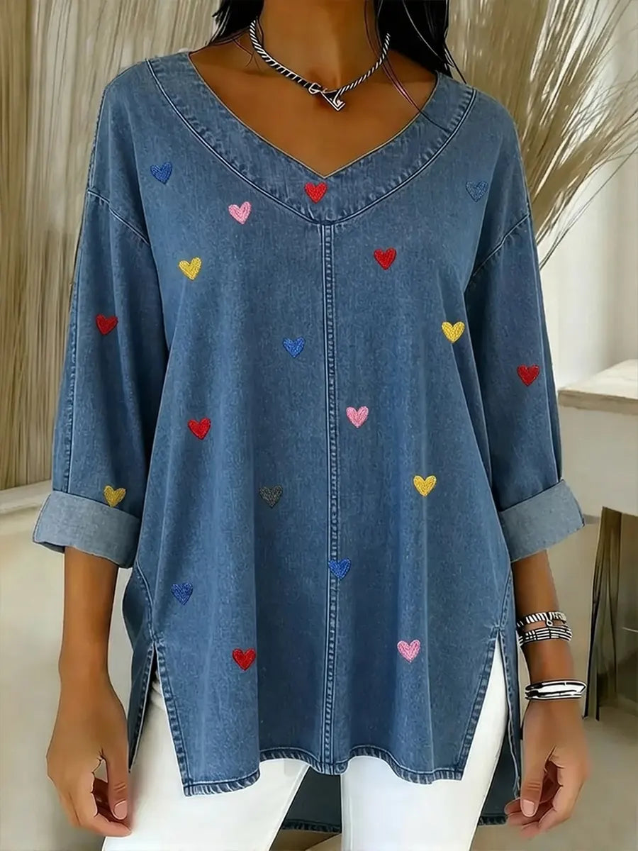 Women's Heart Casual Washed Denim Cotton Top