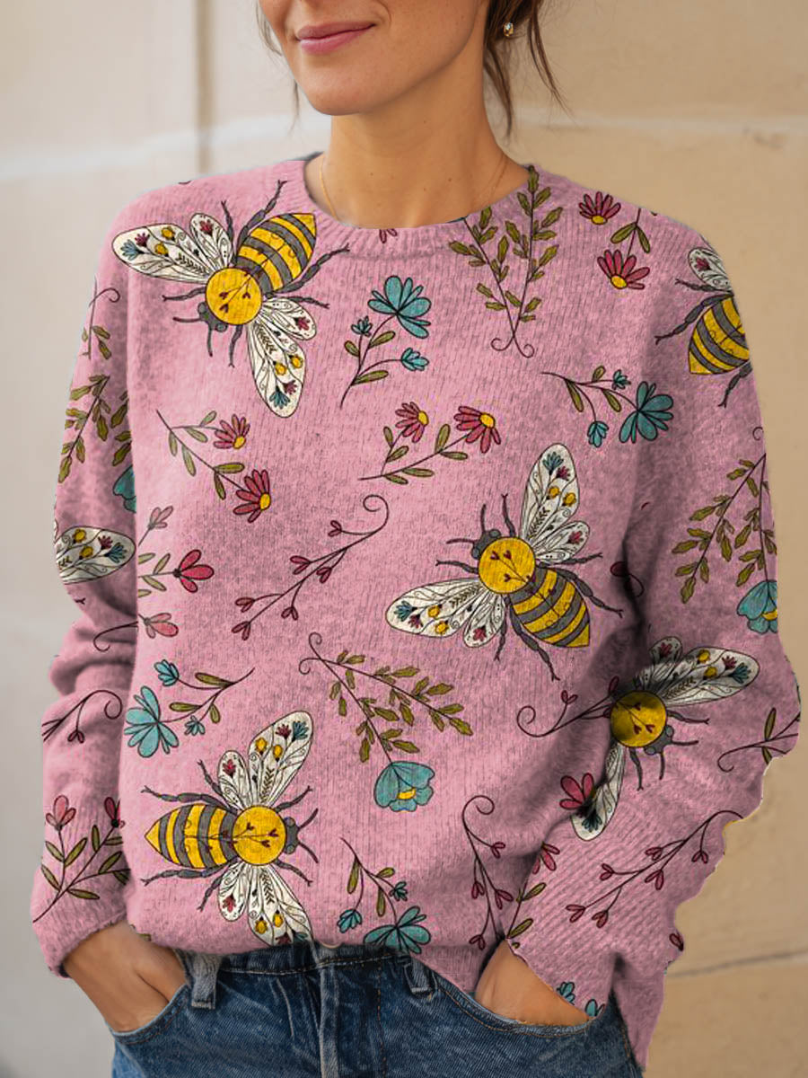 womens-lovely-bees-floral-art-print-knit-pullover-sweater
