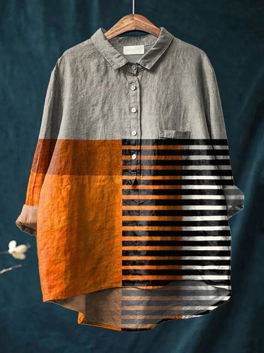 Artistry Color Block Art Printed Women's Casual Cotton And Linen Shirt