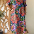 Women's Retro Floral Print V-Neck 3/4 Sleeve Casual Cotton and Linen Dress