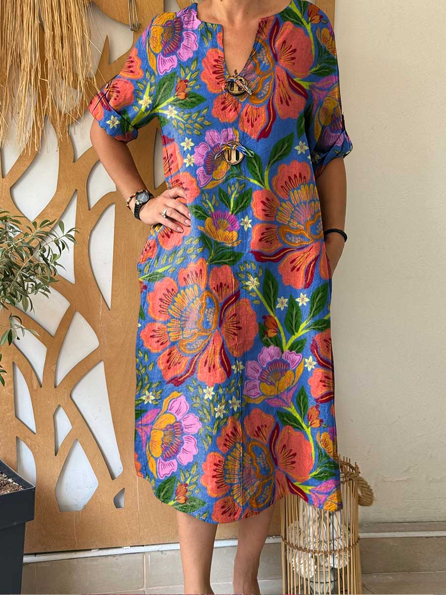 Women's Retro Floral Print V-Neck 3/4 Sleeve Casual Cotton and Linen Dress