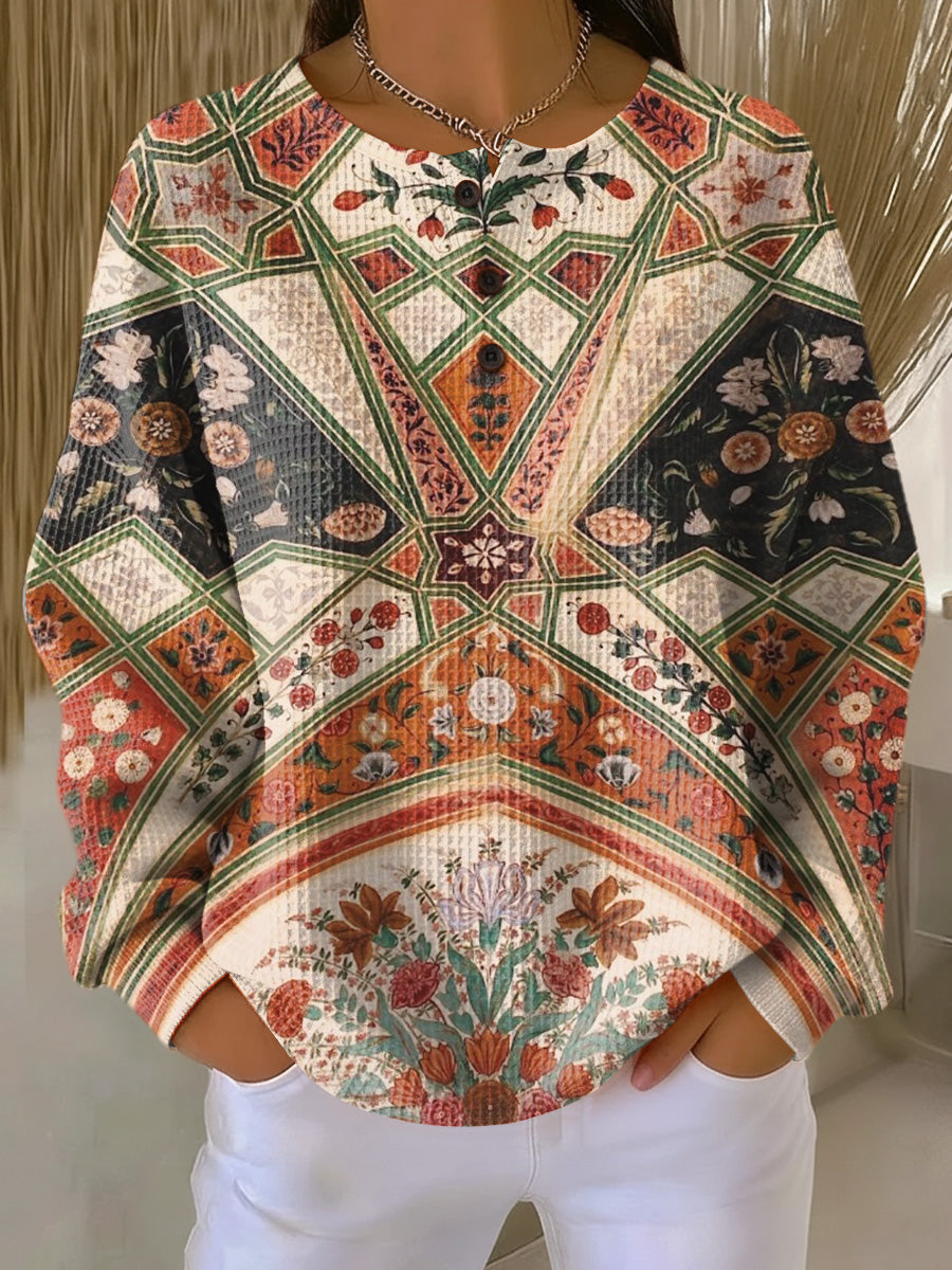 Women's Vintage Abstract Geometric Floral Painting Art Print Casual Cotton Sweatshirt