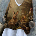 Women's   Easter Vintage Bunny Art Print Casual Cotton And Linen Shirt