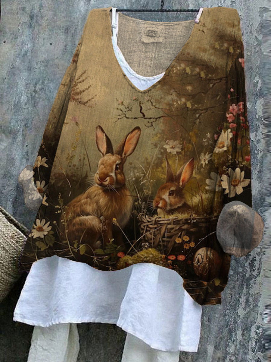 Women's   Easter Vintage Bunny Art Print Casual Cotton And Linen Shirt