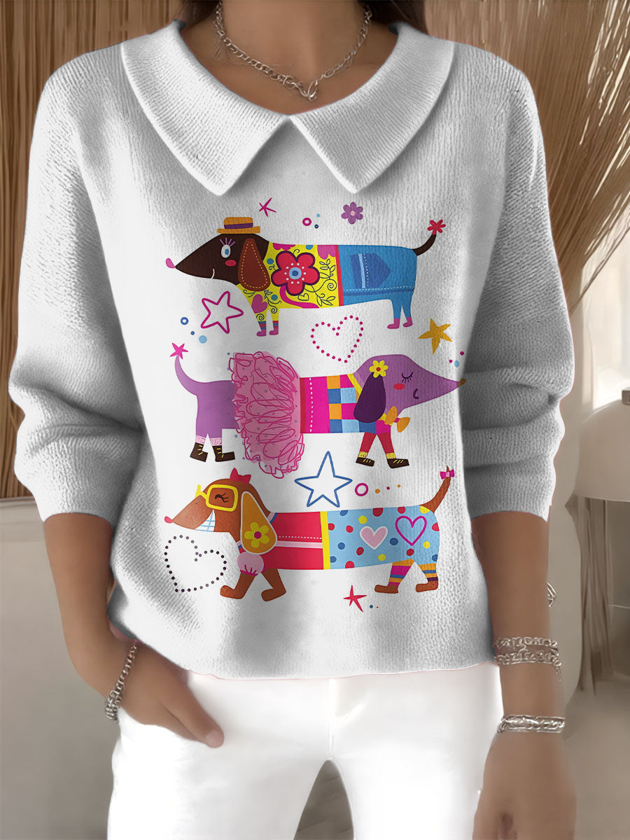Cute dressed up dachshund decorative pattern Casual Peter Pan Collar Sweater
