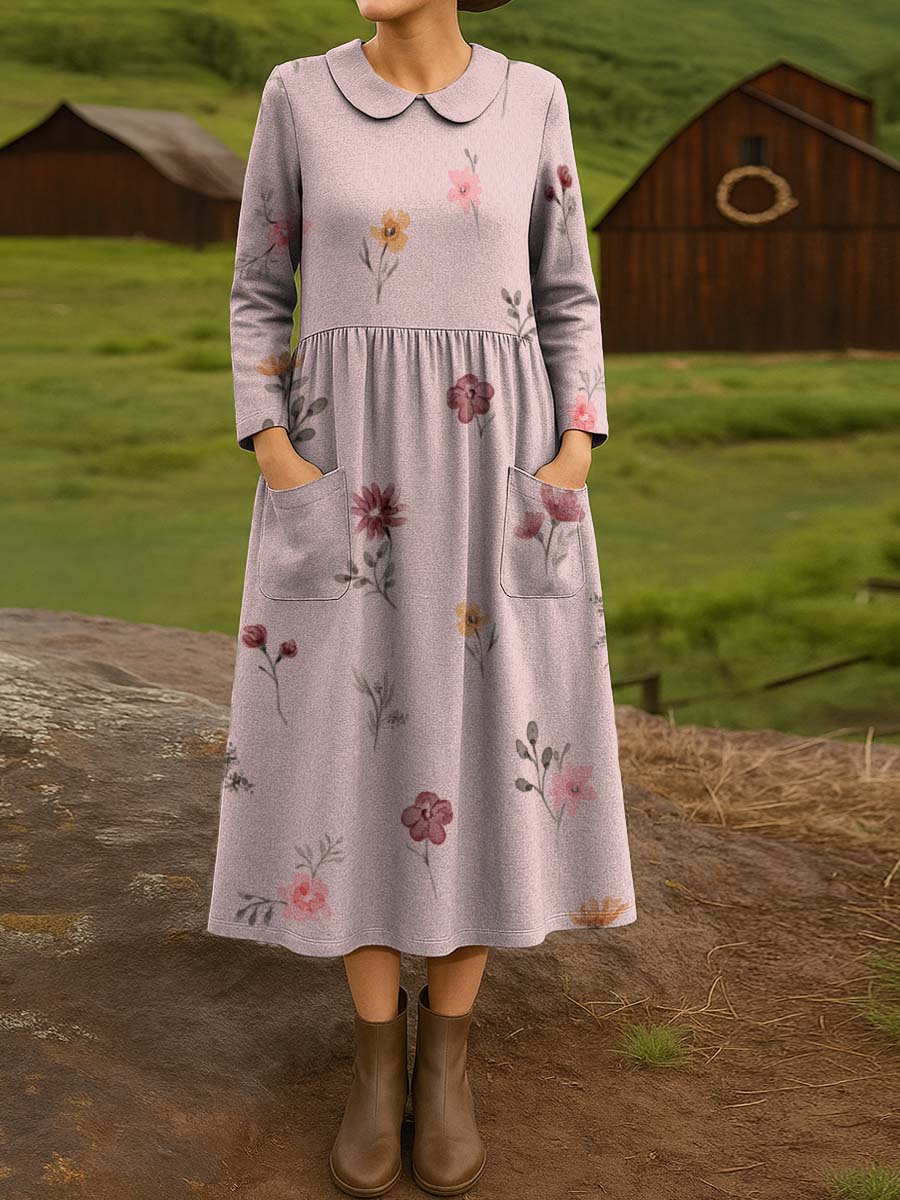 Light Pink Elegant Floral Decorative Pattern Cotton Lapel Button-Down Shirt Dress