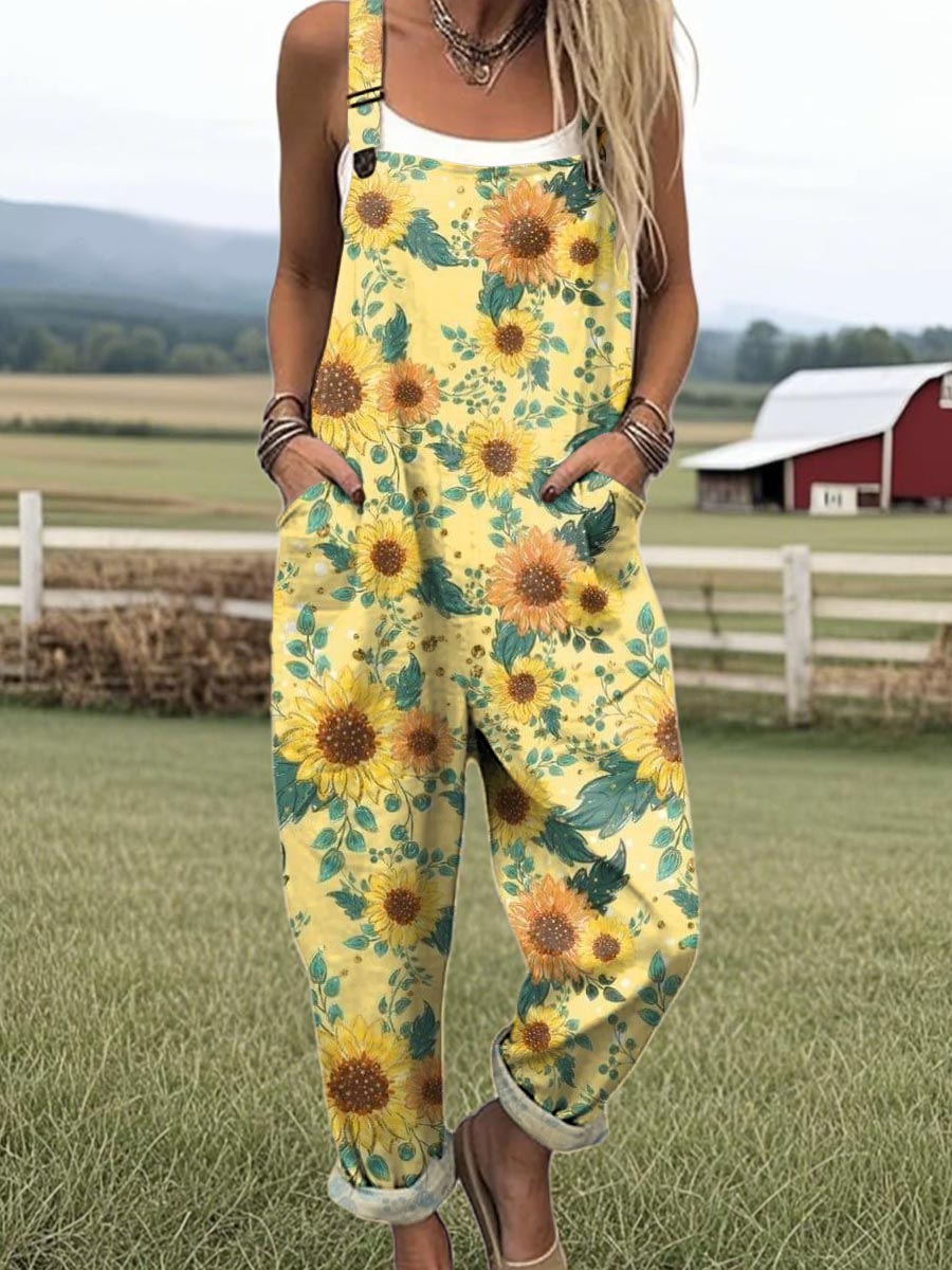 Women's Lovely Sunflowers Art Print Casual 100% Cotton Wide Leg Jumpsuit