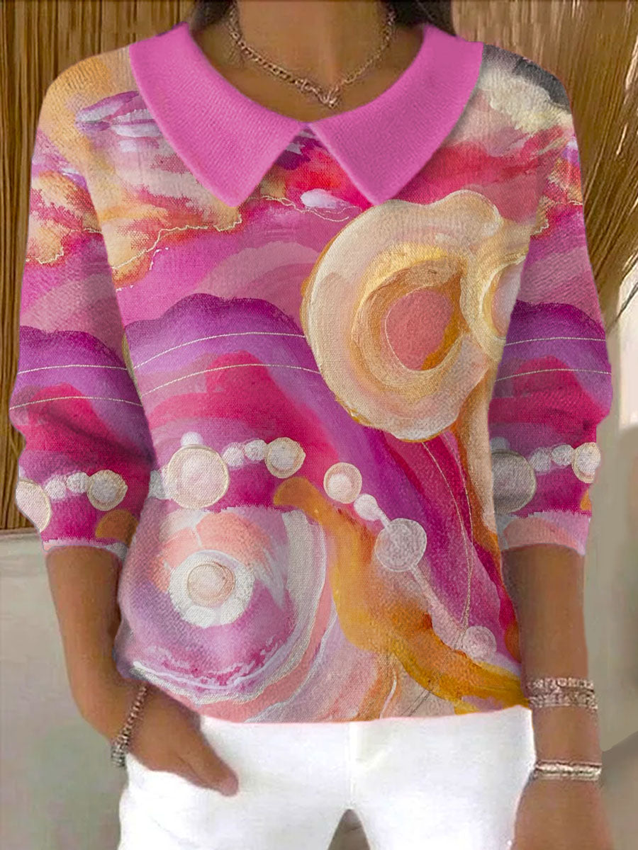 womens-irregular-curve-polka-dot-pattern-casual-peter-pan-collar-3-4-sleeve-sweater