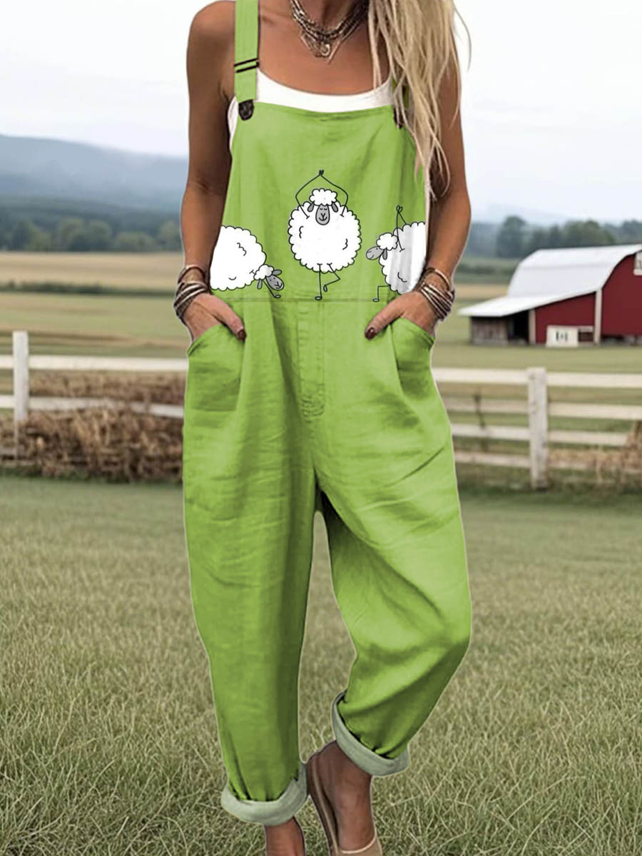Women's Funny Sheep Art Print Casual 100% Cotton Wide Leg Jumpsuit