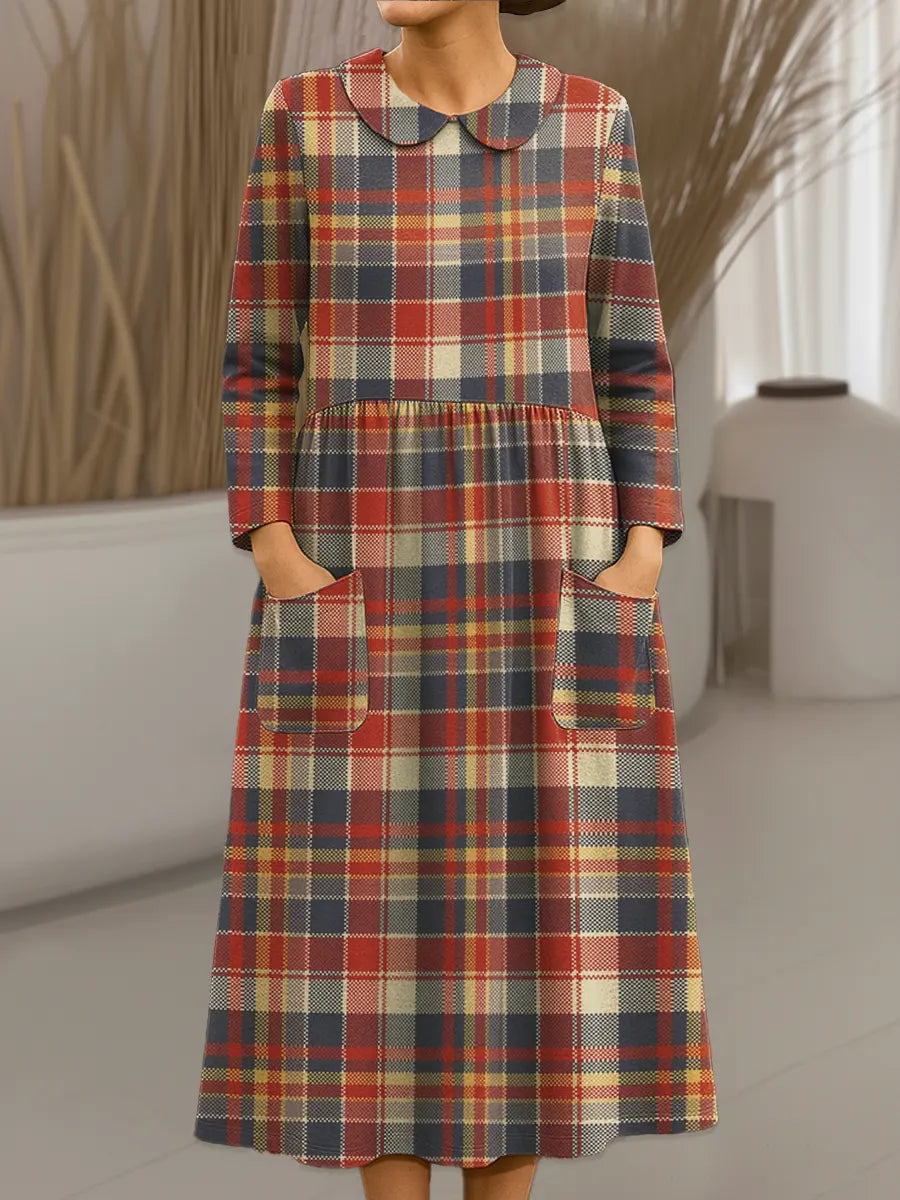 Women's Vintage Plaid  Art Print Cotton Lapel Button-Down Shirt Dress