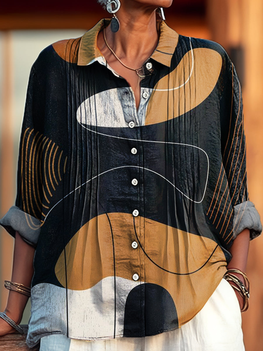 Women's Vintage Multicolor Geometric Line Drawing Art Print Casual Cotton And Linen Ruffle Shirt
