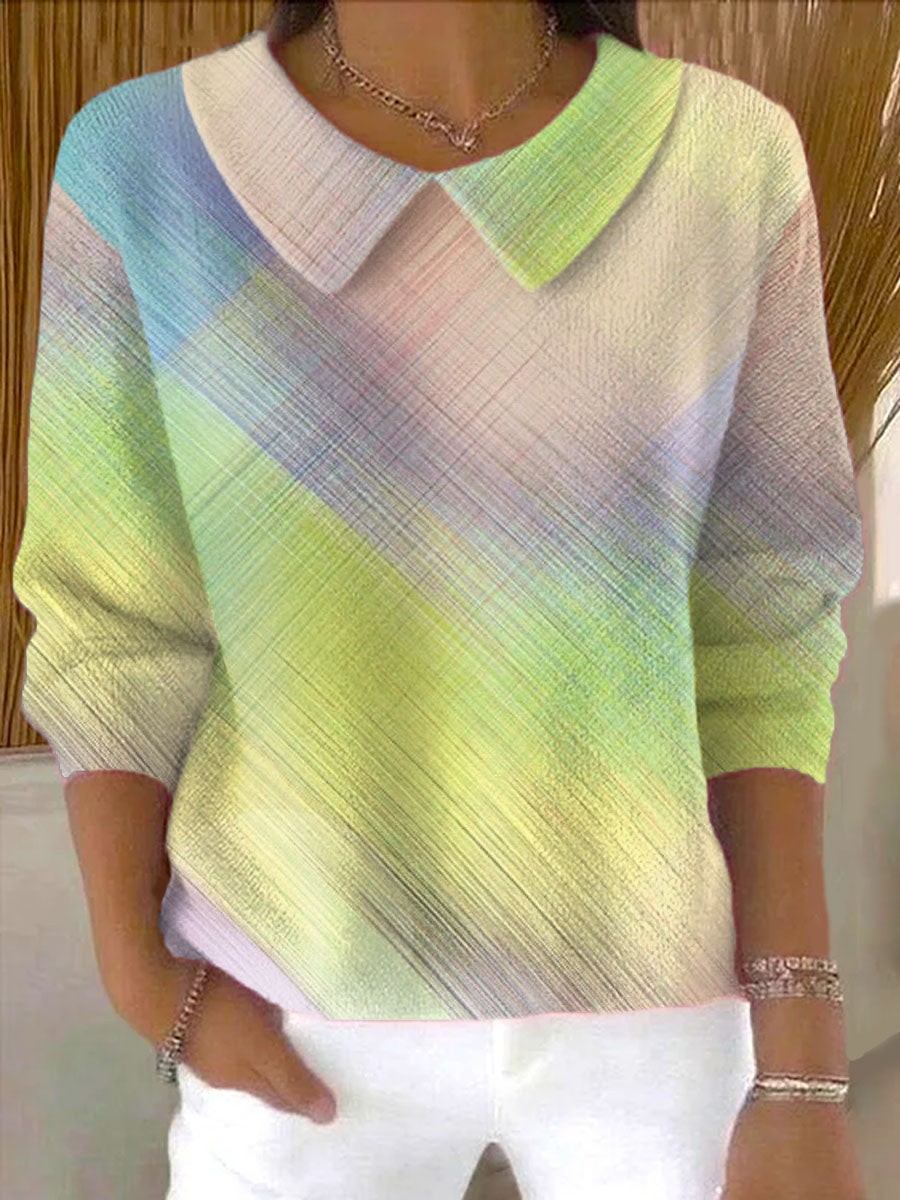 Women's Colorful Diagonal Checkered Print Casual Peter Pan Collar 3/4 Sleeve Sweater