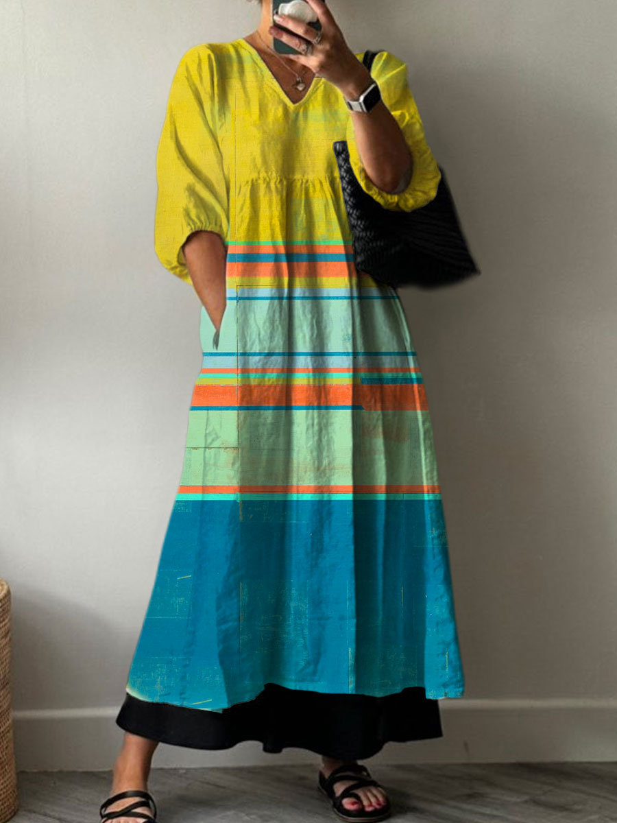 Women's Vintage Abstract Geometry Art Print Pocket V-neck Cotton Dress