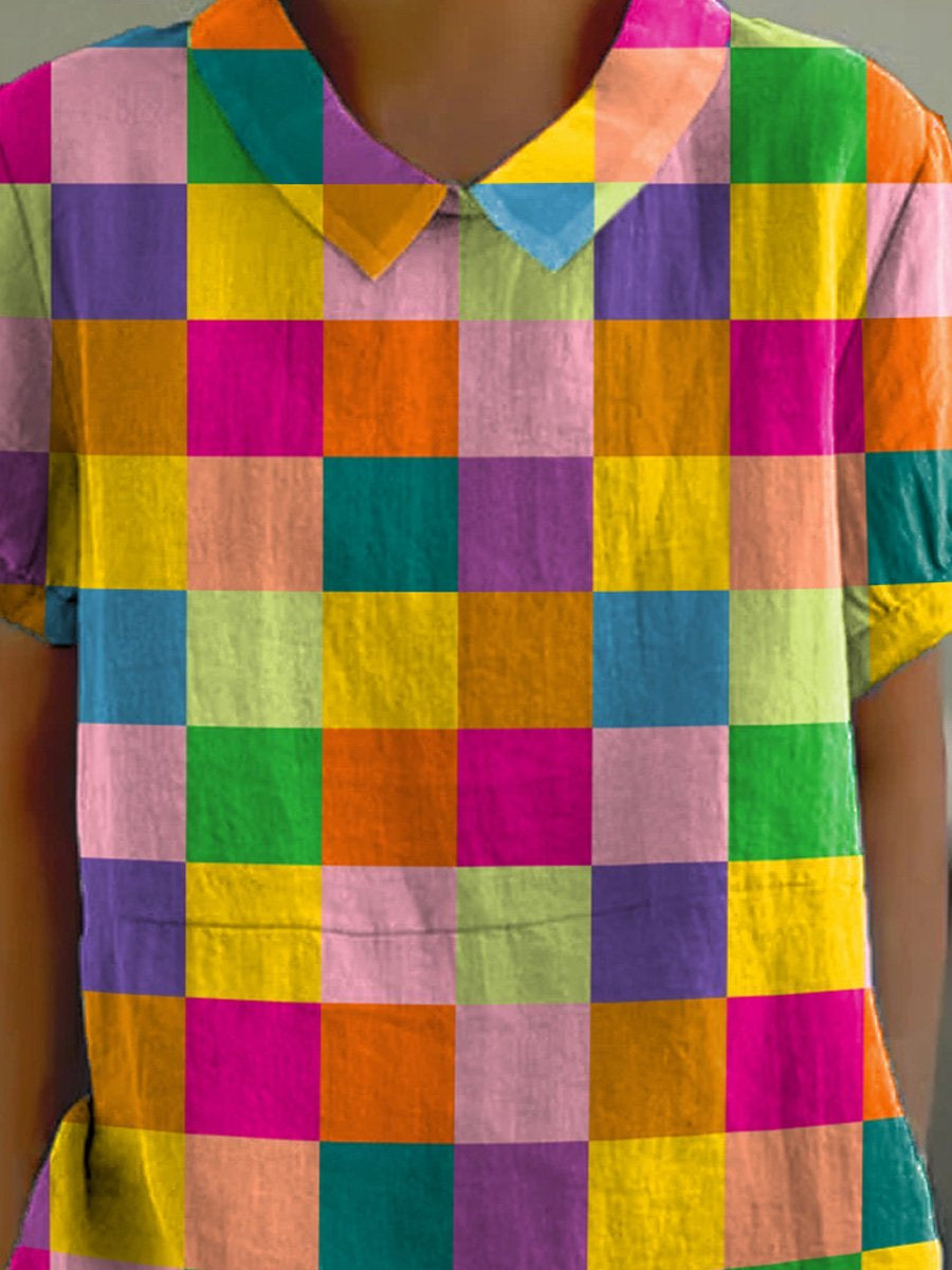 Rainbow Color Check Pattern Printed Women's Casual Cotton And Linen Shirt