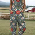 Women's  Vintage Flower Art Print Casual 100% Cotton Wide Leg Jumpsuit