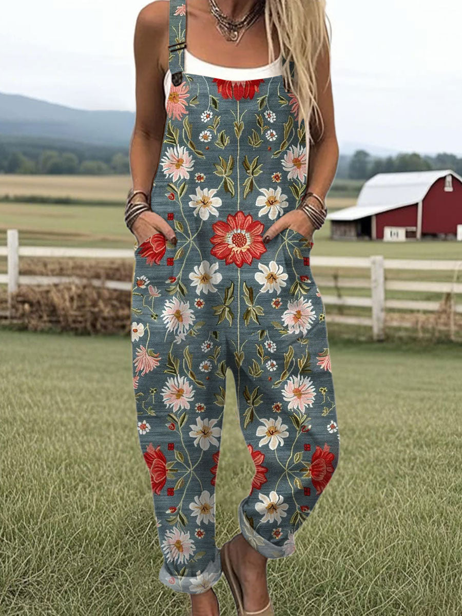 Women's  Vintage Flower Art Print Casual 100% Cotton Wide Leg Jumpsuit