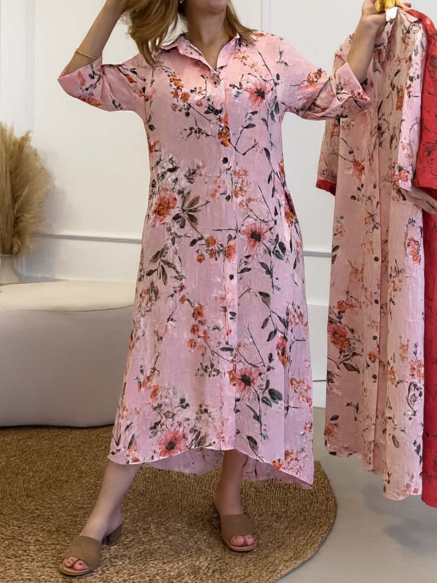 Women's Floral Print Lapel Long Sleeve Casual Loose Shirt Dress