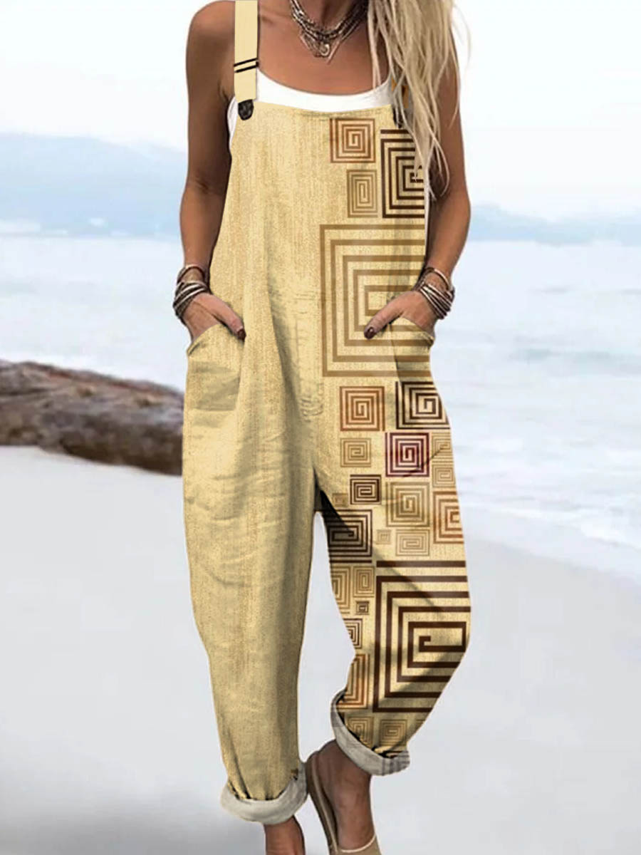 Women's Abstract Geometric Pattern Art Print Casual 100% Cotton Wide Leg Jumpsuit