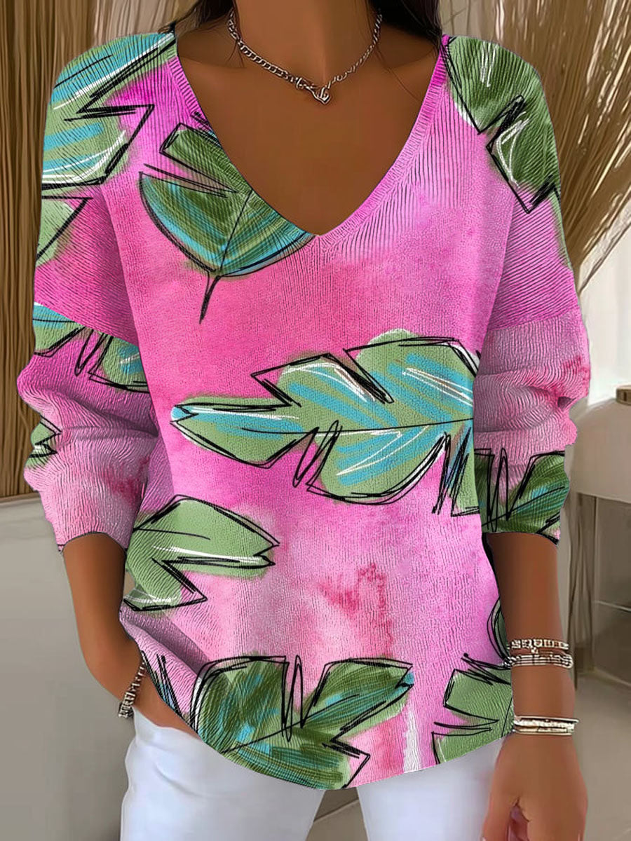 womens-pink-leaves-pattern-casual-pullover-sweater
