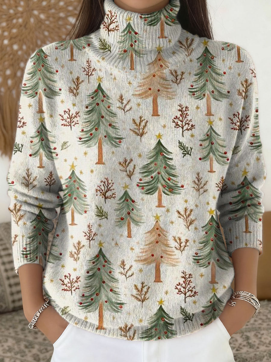 Women's Christmas Tree Pattern Art Print Knit Turtleneck Pullover Sweater