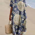 Women's Vintage Ocean Turtle Art Print Flowy Dress
