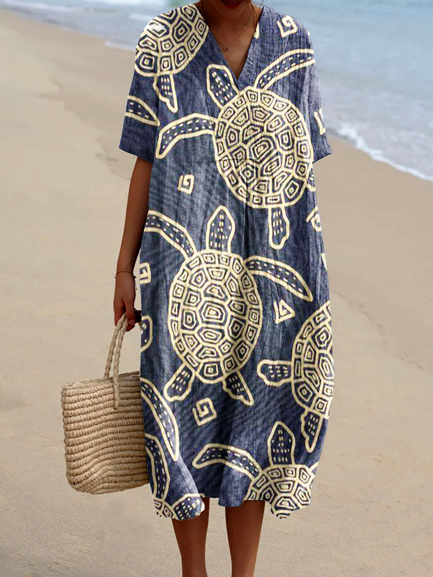 Women's Vintage Ocean Turtle Art Print Flowy Dress