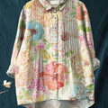 Women's Beautiful Colorful Large Flower Painting Art Print Casual Cotton And Linen Ruffle Shirt