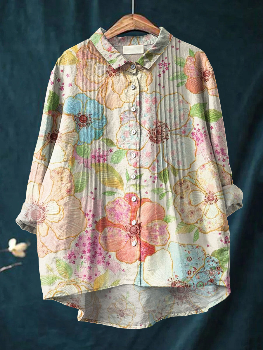 Women's Beautiful Colorful Large Flower Painting Art Print Casual Cotton And Linen Ruffle Shirt