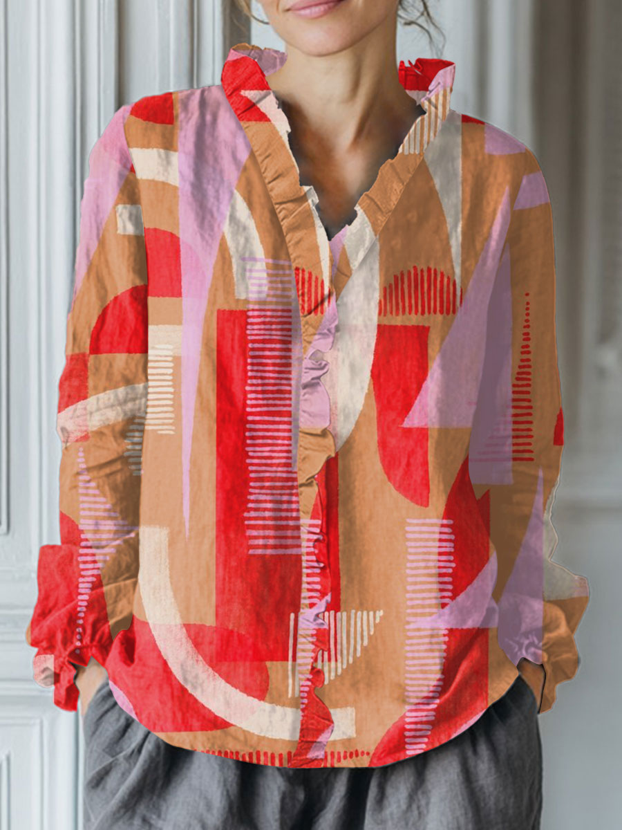Women's Vintage Abstract Geometry Art Print Casual Cotton And Linen Ruffle Shirt