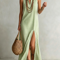 Stylish Classic Striped Stand-collar Cotton-linen Maxi Dress