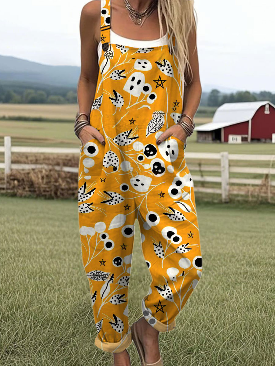 Women's Ghost Flower Art Print Casual 100% Cotton Wide Leg Jumpsuit