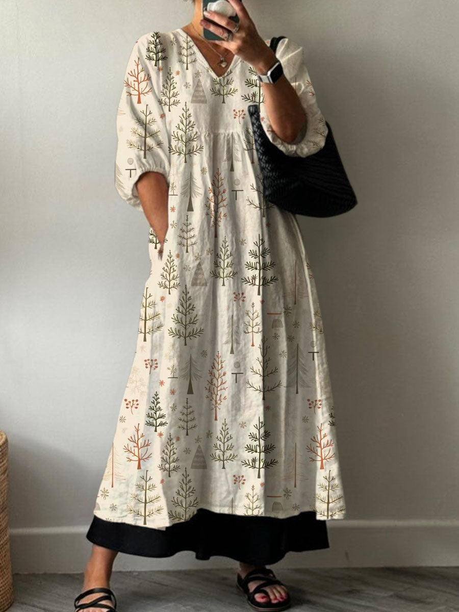 Women's Christmas Tree Art Print Pocket V-neck Cotton Dress