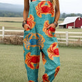 Women's Vintage Abstract Crab Print Casual 100% Cotton Wide Leg Jumpsuit